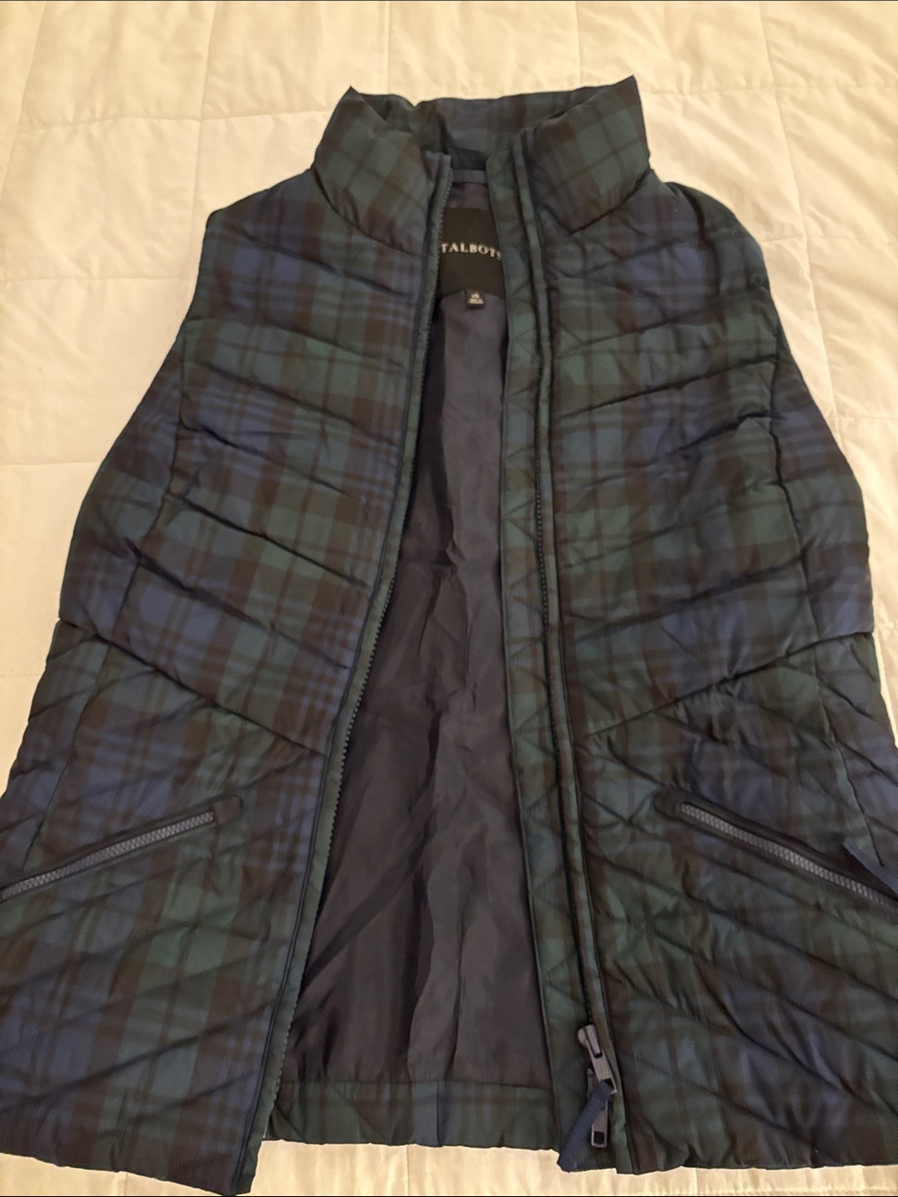 Talbots Quilted Plaid Vest in Navy and Green